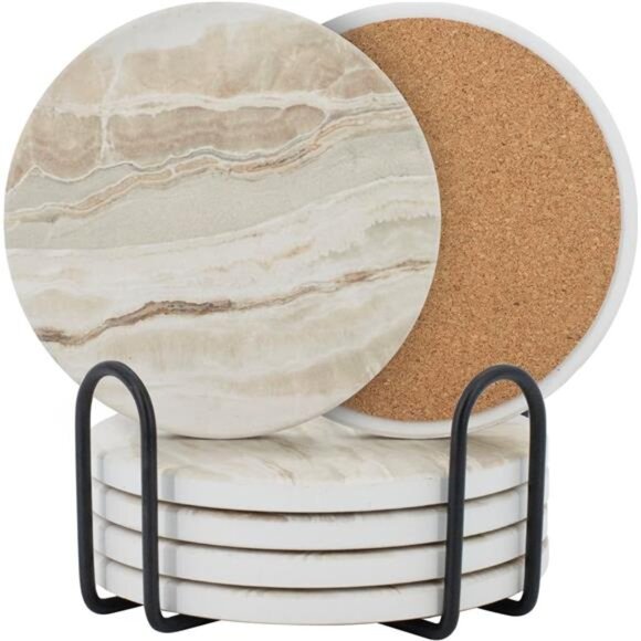 Coasters Set of 6, Coasters for Drinks Absorbent Stone with Holder, Black Marble - Picture 1 of 7